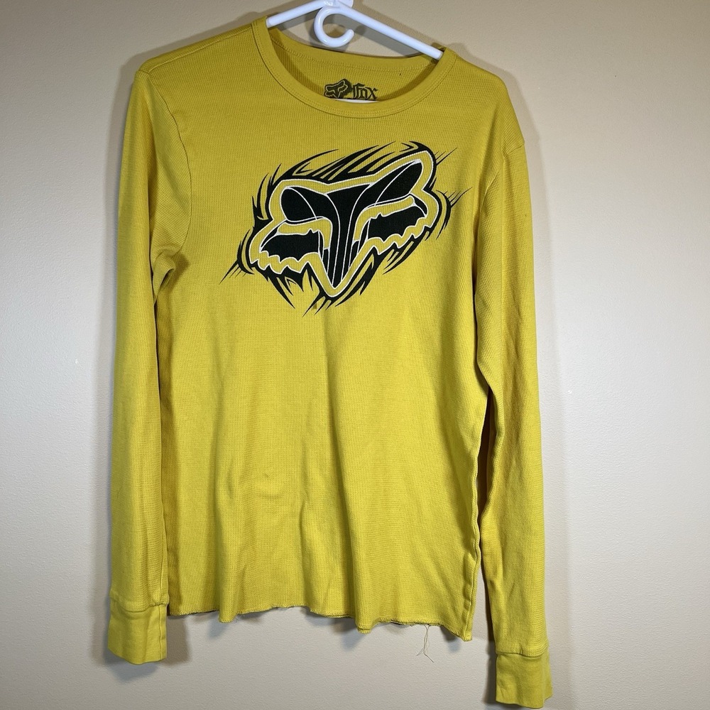 Vtg Fox Racing Men's Thermal Long Sleeve Waffle Knit Shirt Size Lg Yellow DESC
